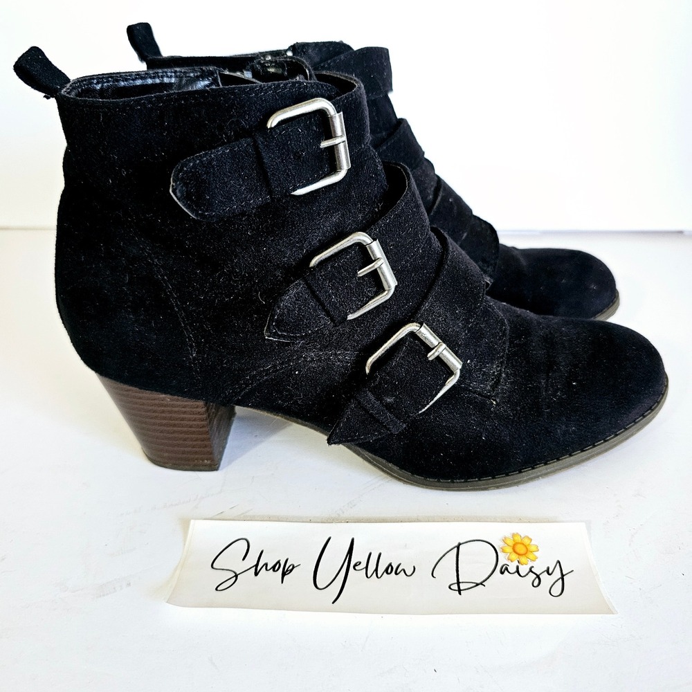 Mossimo Black Faux Suede Triple Buckle Ankle Boots Block Heel Moto Booties 10